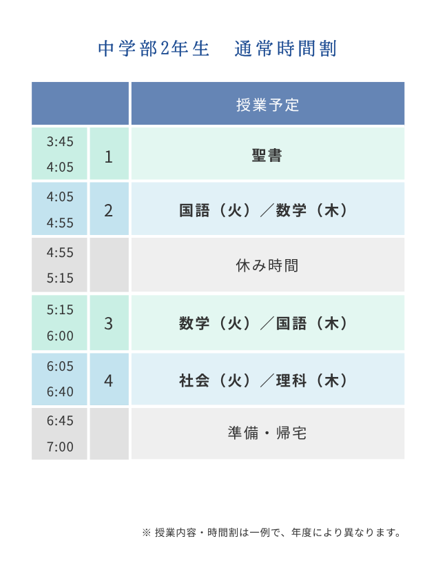 中学2年生　通常時間割